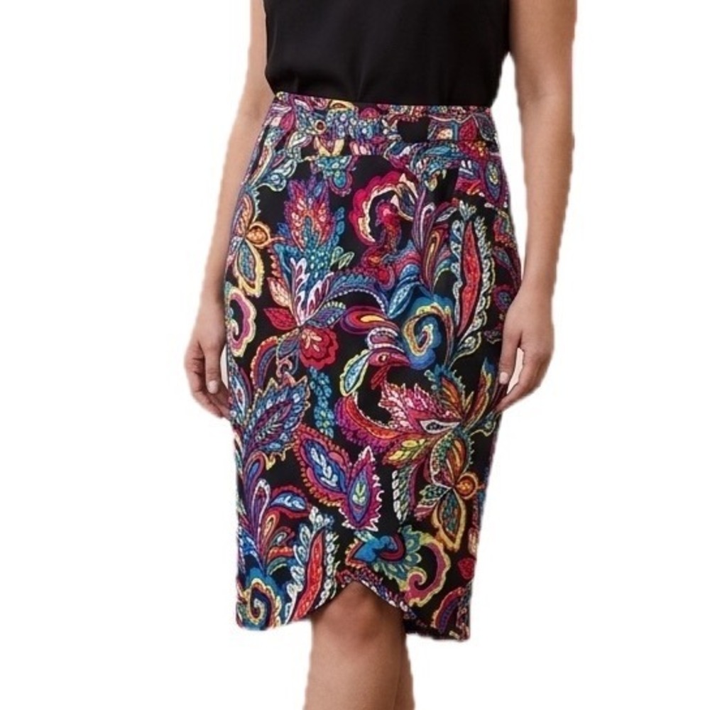 New York & Company Women 14 Paisley Belted Tulip Pencil Skirt Multicolor 7038
